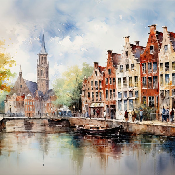 Bruges watercolor, Bruges art print, Belgium painting digital download, downloadable Print, PRINTABLE Wall Art, Vintage style