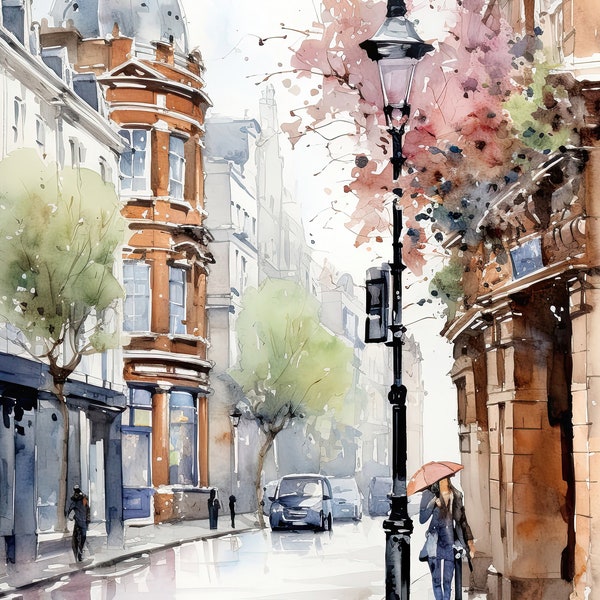 Aquarelle de Londres, art de Londres, scène de Londres, peinture de Londres, impression téléchargeable, art mural imprimable, aquarelle vintage / 004