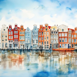 May include: Watercolor painting of a row of colorful houses along a canal with a reflection of the houses in the water. The houses have red, orange, yellow, blue, and green accents.