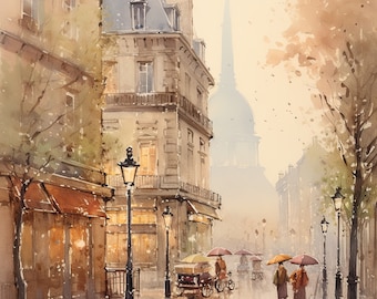 Acquerello di Parigi, scena di Parigi, arte di Parigi, acquerello, stampa scaricabile, arte della parete STAMPABILE, pittura in stile vintage, stampa verticale, 020