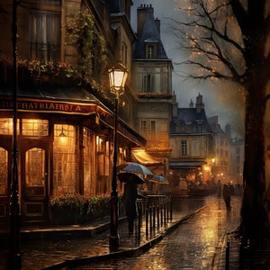 May include: A digital painting of a rainy Parisian street scene at dusk. The cobblestone street reflects the warm glow of streetlights and shop windows. Figures with umbrellas walk along the sidewalk, and the buildings have dark roofs.