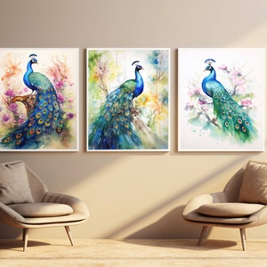 Peacock gallery, bright colors, watercolor, artful boho wall decoration, digital download, PRINTABLE digital art, set of 3