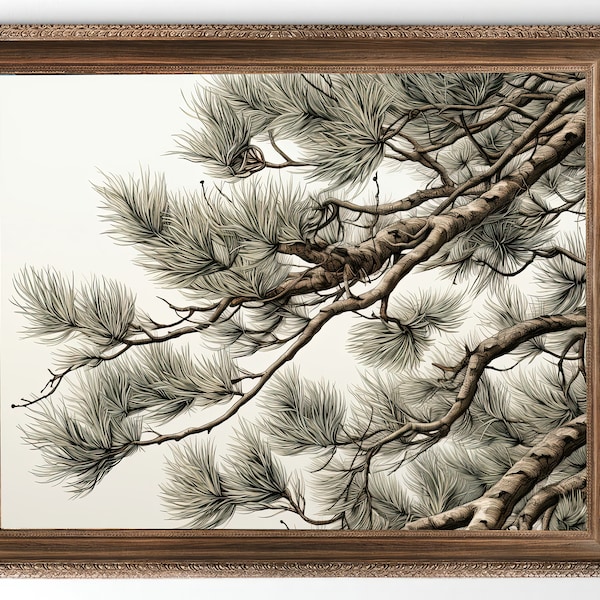Pine Tree Branch Print, Vintage Tree Drawing Enhanced, Printable Tree Art, Downloadable Print