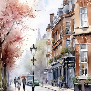 London watercolor, London art, London Scene, London painting, Vintage watercolor, Downloadable Print, Printable Wall Art, Romantic Scene, 03