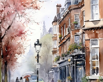ロンドンの水彩画、ロンドンのアート、ロンドンの風景、ロンドンの絵画、ビンテージの水彩画、ダウンロード可能なプリント、印刷可能な壁アート、ロマンチックな風景、03