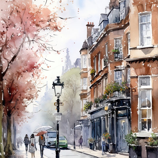 Aquarelle de Londres, art de Londres, scène de Londres, peinture de Londres, aquarelle vintage, impression téléchargeable, art mural imprimable, scène romantique, 03