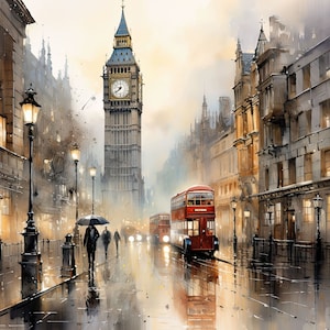 London watercolor, London art, London Scene, Downloadable Print, Printable Wall Art, Vintage watercolor / 007