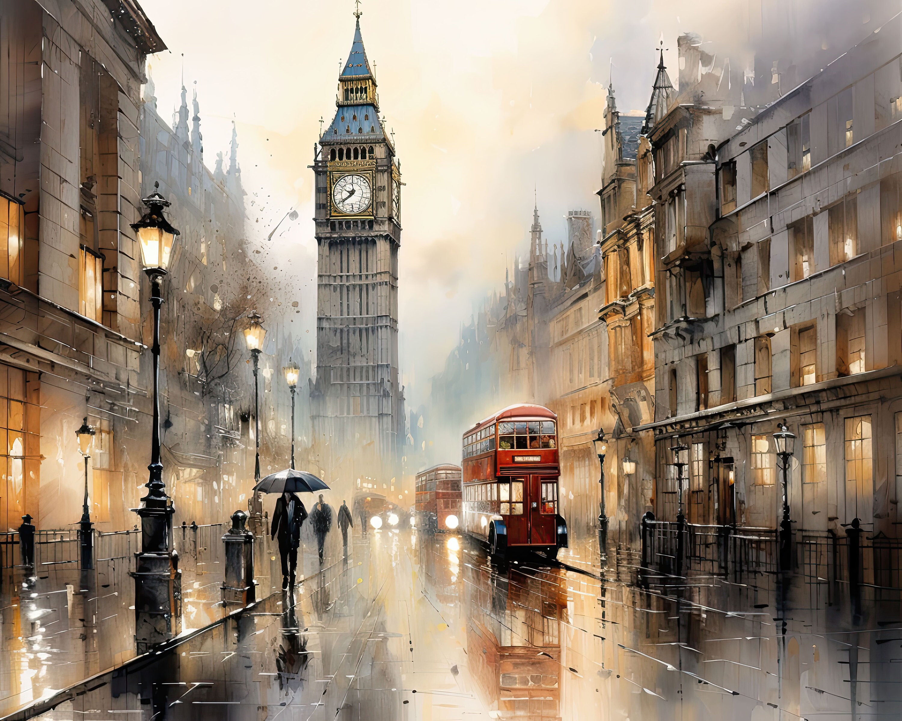 ロンドンの水彩画、ロンドンのアート、ロンドンの風景、ダウンロード可能なプリント、印刷可能な壁アート、ヴィンテージの水彩画 / 007