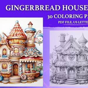 30 páginas para colorear digitales de GINGERBREAD House, libro para colorear de Gingerbread House, archivo PDF, carta de EE. UU., A4, páginas para colorear en escala de grises
