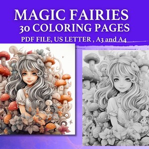 30 Páginas para colorear digitales Magic FAIRIES, Libro para colorear Magic Fairies, Archivo PDF, Carta de EE. UU., A4, A3, Páginas para colorear en escala de grises