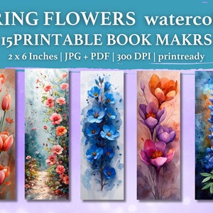 Könnte beinhalten: Set mit 15 druckbaren Aquarell-Lesezeichen mit verschiedenen Frühlingsblumen, darunter Tulpen, Glockenblumen und Krokusse. Jedes Lesezeichen ist 5,1 cm x 15,2 cm groß und hat 300 DPI.