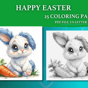 25 páginas para colorear digitales Happy PASCUA, libro para colorear de Pascua, archivo PDF, carta de EE. UU. y A4, páginas para colorear en escala de grises