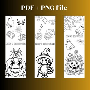 Könnte beinhalten: Acht schwarz-weiße Halloween-Lesezeichen mit Malvorlagen. Die Lesezeichen zeigen Bilder von Geistern, Kürbissen, Spinnen, Fledermäusen, Hexen und Süßigkeiten. Die Texte "Happy Halloween" und "Trick or Treat" sind auf den Lesezeichen enthalten. Die Lesezeichen sind 5,1 cm x 15,2 cm groß.