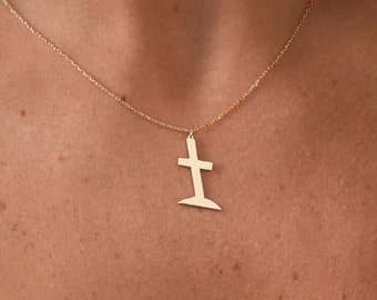 Cross Tombstone Necklace in 14K Solid Gold | Adjustable Tombstone Necklace | Dainty Cross Necklace | 14K Solid Gold Jewelry | Gift for Her