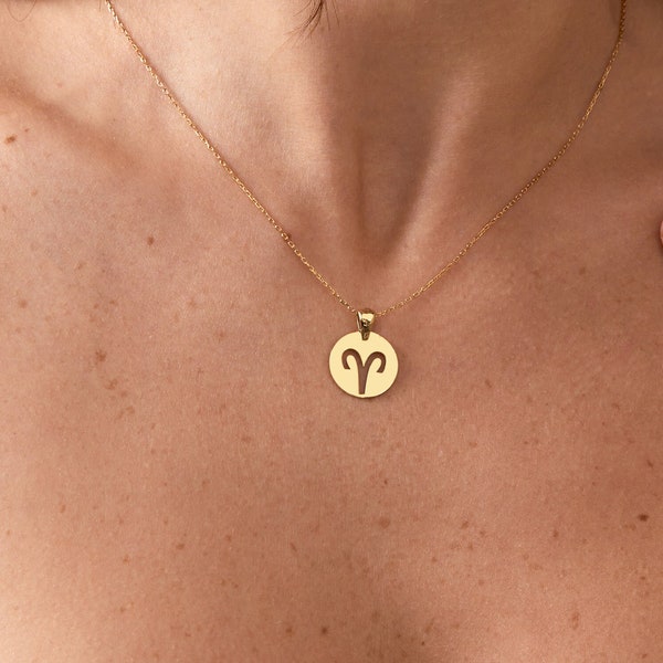 14K Solid Gold Sternzeichen Halskette | Verstellbare Zeichen Halskette | Zierliche Horoskop Halskette | Goldschmuck | Schild Anhänger | Geschenk für Sie