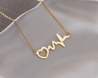 14K Solid Gold Heartbeat Necklace | Adjustable Gold Necklace | Dainty Heart Necklace | 14K Solid Gold Jewelry | Heart Pendant | Gift for Her