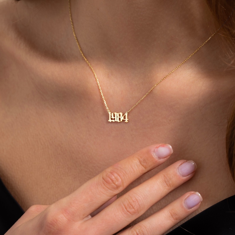 14K Solid Gold Personalized Number Necklace Custom Year Date Necklace Gold Lucky Number Jewelry Personalized Necklace Gift for Her image 1