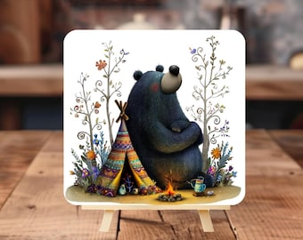 Camping Black Bear,  Wood Block Sign, Father's Day, Shelf Art, Gift