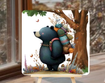 Hiking Black Bear,  Wood Block Sign, Home Decor, Shelf Art, Gift