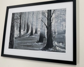 Wall Art Print, Forest Winter Snow Scene, Home Decor, Original Artwork, Framed.