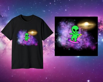 Colorful Alien Riding Surfboard Space Festival Tee