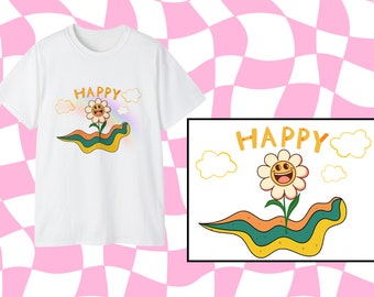 Blooming Joy: Flower Graphic Tee with 'Happy' Message