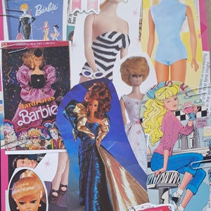 Könnte beinhalten: Eine Collage mit verschiedenen Barbie-Puppen und verwandten Artikeln. Enthält Ausschnitte von Puppen in verschiedenen Outfits, einen blauen Barbie-Koffer und eine "Mardi Gras Barbie"-Box. Die Farbpalette ist überwiegend rosa, blau und gold.