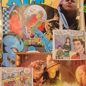 May include: A collage featuring comic book panels and pop culture references. Includes the title "ALF", Scooby-Doo characters, a figure with a cone-shaped head, and panels with text like "Wacky Rider" and "C'mon, Kelly!"