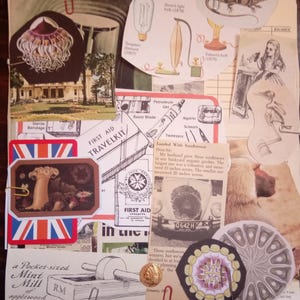 May include: A collection of vintage ephemera, featuring illustrations of light bulbs, a lizard, and a classic car. Also includes images of a mushroom, a first aid kit, and text that reads "Loaded With Sunflowers".