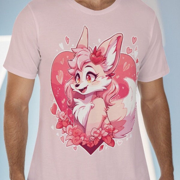 Cute Pink Fox Valentines Tee / Unisex Graphic T-shirt / Colorful Furry Fandom Tee / Love & Hearts Graphic Shirt / Fursona Apparel Gift