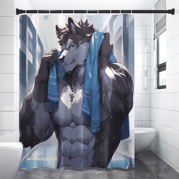 Muscular Fursona Swimmer - Furry Shower Curtain - Unique Wall Hanging Decor - Fursuit Bathroom Art - Fandom Tapestry Gift - Polyester Fabric