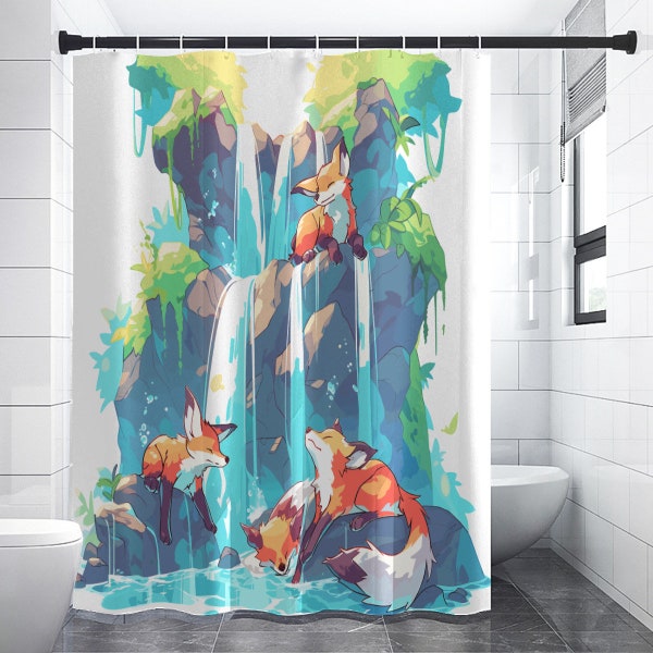 Kawaii Cartoon Foxes Shower Curtain - Bathing in a Waterfall - Cute Furry Bathroom Art - Wall Hanging Tapestry - Unique Housewarming Gift