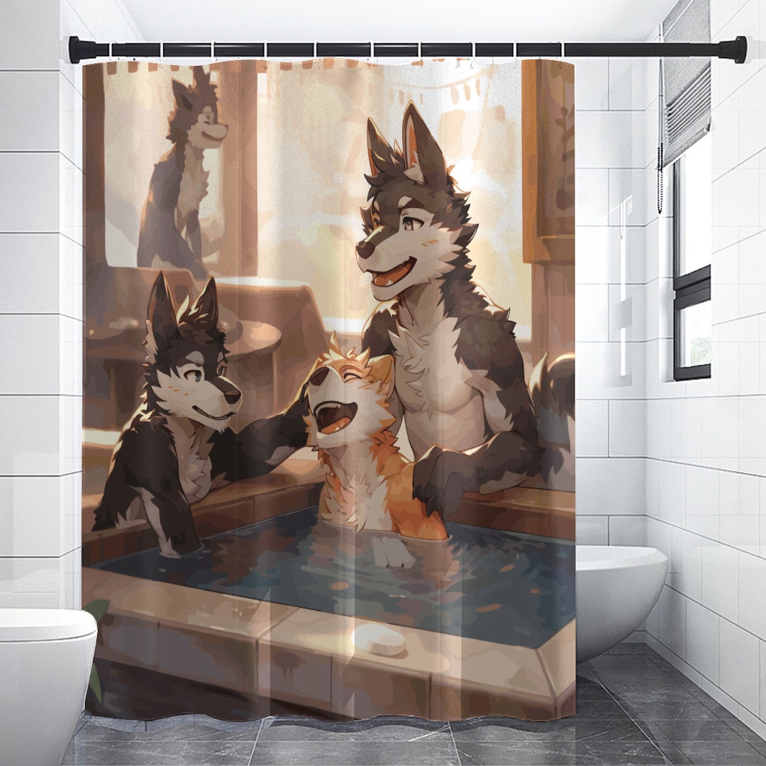 Furry Bath House Shower Curtain Steamy Fursona Bathroom Art Polyester