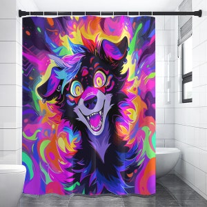 Psychedelic Shower Curtain - Trippy Pup - Cool Furry Bathroom Art -Washable Polyester Fabric -Fursona Fandom Gift -Unique Wall Hanging Decor