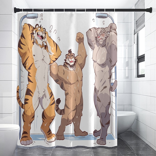 Big Cats Shower Curtain - Locker Room Shower - Steamy Furry Bathroom Art - Washable Fabric - Fandom Wall Decor - Unique Housewarming Gift