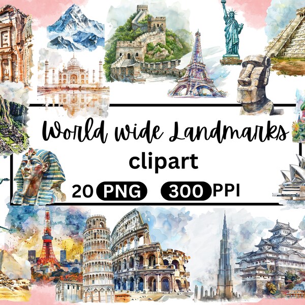 20 cliparts de monuments célèbres dans le monde entier-Aquarelles cliparts de monuments populaires-Illustrations Tour Eiffel-Taj Mahal-Utilisation commerciale-Colisée PNG