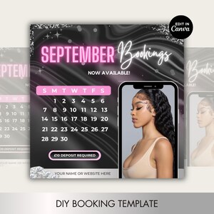 Buchungsvorlage für Nägel, Haare, Wimpern, Make-up und Schönheitsunternehmen usw. Rosa und schwarz bearbeitbarer Canva Flyer. September-Buchungsvorlage