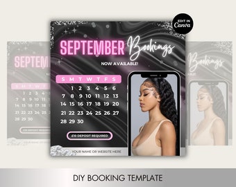 Bookings Template for Nails, Hair, Lash, Makeup, and Beauty Businesses etc. Pink and Black Editable Canva Flyer. September bookings template
