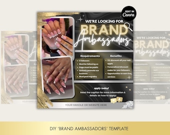 Brand Ambassador Template for Nail Techs and Beauty Business inc Makeup, Lashes, Hair. Edit in Canva. Instagram Flyer. Gold, Silver, Black.