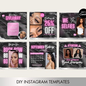 6 Pink und Schwarz Vorlagen für Instagram, Business Vorlagen, Friseursalons, Nagelstudios, Wimpern, Make-upkünstler, Schönheit, bearbeitbare Flyer