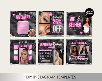6 Pink and Black Templates for Instagram, Business Templates, Hair Salons, Nail salons, Eyelashes, Makeup artists, Beauty, Editable flyers