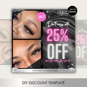 Modelo de venda e desconto para empresas, unhas, cabelos, cílios, beleza, estilistas, maquiagem. Modelo de folheto editável do Canva. Rosa, preto, prata