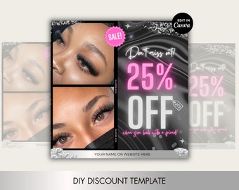 Sale and Discount Template for Businesses, Nails, Hair, Lashes, Beauty, Stylists, Makeup. Editable Canva flyer template. Pink, Black, Silver