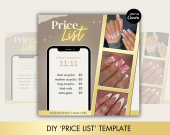 Price List Template for Nails, Hair, Makeup, Lashes, Beauty Businesses and more. Gold and Neutral flyer, Instagram Tempate. Edit in Canva.