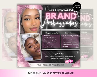 Brand Ambassador Template for Lash Techs and Beauty Business inc Makeup, Nails, Hair. Edit in Canva. Instagram Flyer. Pink, Silver, Black
