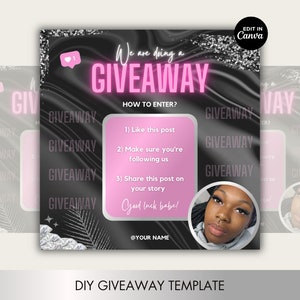 Weggeefsjabloon voor wimpers, haar, nagels, make-up, stylisten, schoonheidssalons. Roze, zwarte, zilveren flyer voor Instagram. Bewerkbaar op canvas.