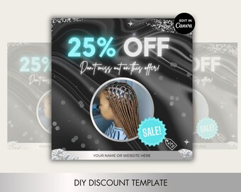 Sale and Discount Template for Businesses, Nails, Hair, Lashes, Beauty, Stylists, Makeup. Editable Canva flyer template. Blue, Black, Silver