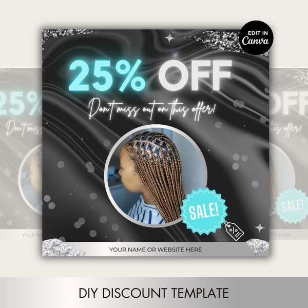 Sale and Discount Template for Businesses, Nails, Hair, Lashes, Beauty, Stylists, Makeup. Editable Canva flyer template. Blue, Black, Silver