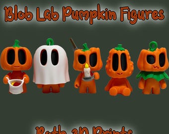 May include: Five 3D printed pumpkin figures in various poses. The figures are orange with black eyes and mouths. One figure is a ghost, one is holding a candle, one is holding a bag of candy, one is wearing a green hat, and one is wearing a green leaf hat. The figures are all standing on a green background. The text "Blob Lab Pumpkin Figures" is at the top of the image, and the text "Roth 3D Prints" is at the bottom of the image.