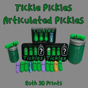 May include: A set of green articulated pickle toys in various poses. The pickles are in a clear plastic container with the word "Tickles" printed on it. There are also individual pickles in a jar and on a table. The text "Tickle Pickles Articulated Pickles" is printed at the top of the image. The text "Roth 3D Prints" is printed at the bottom of the image.